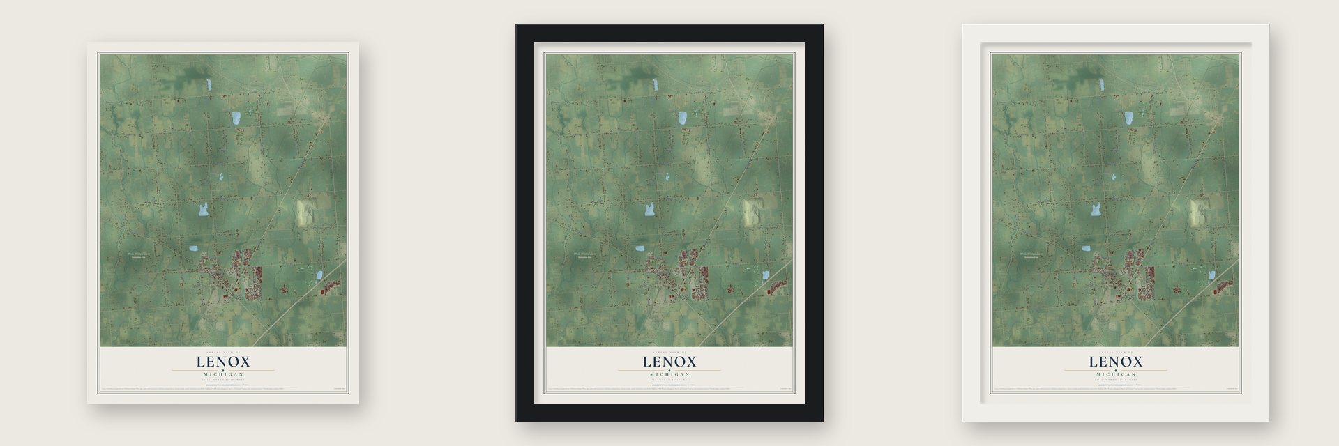 Lenox, Michigan map unframed, in a black wood frame and in a white wood frame