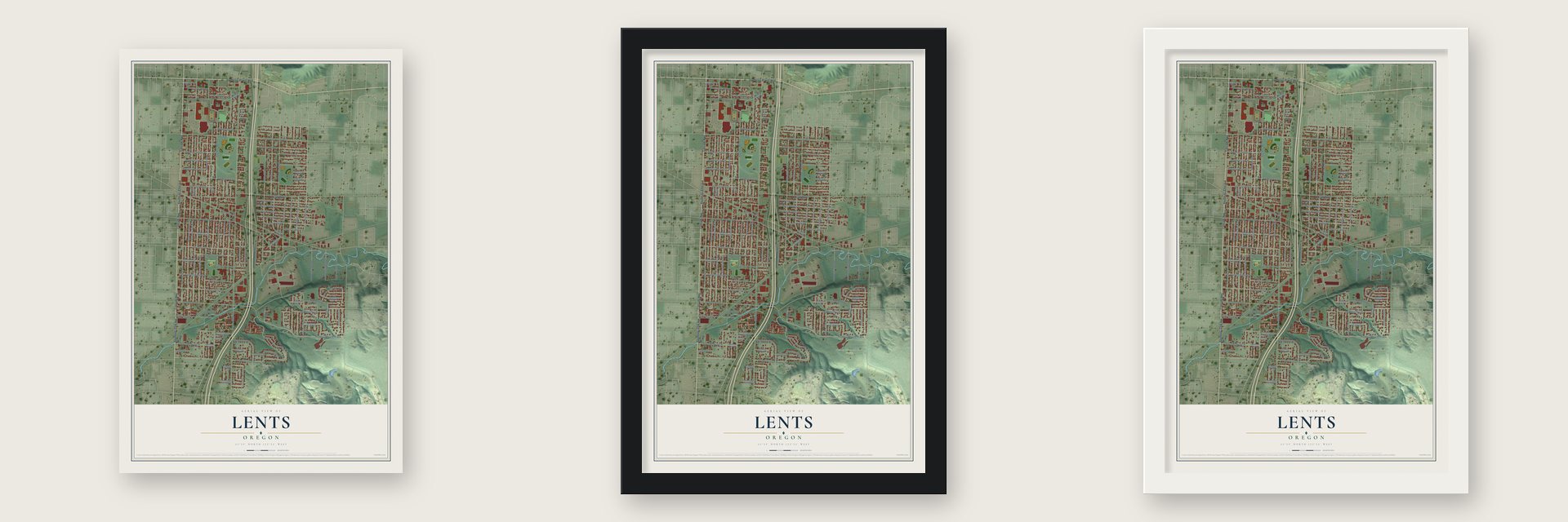 Lents, Oregon map unframed, in a black wood frame and in a white wood frame