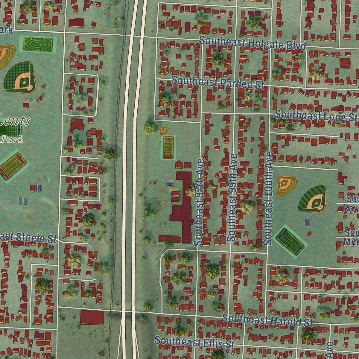Second close-up of the map of Lents, Oregon print showing more streets and buildings