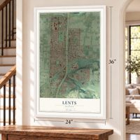 Lents, Oregon map, 24 x 36 inch print in a white frame by a staircase