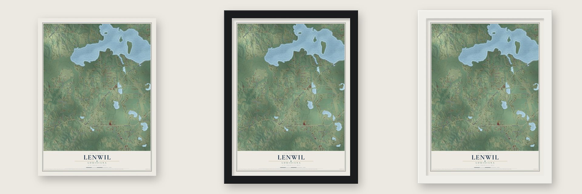 Lenwil, Louisiana map unframed, in a black wood frame and in a white wood frame