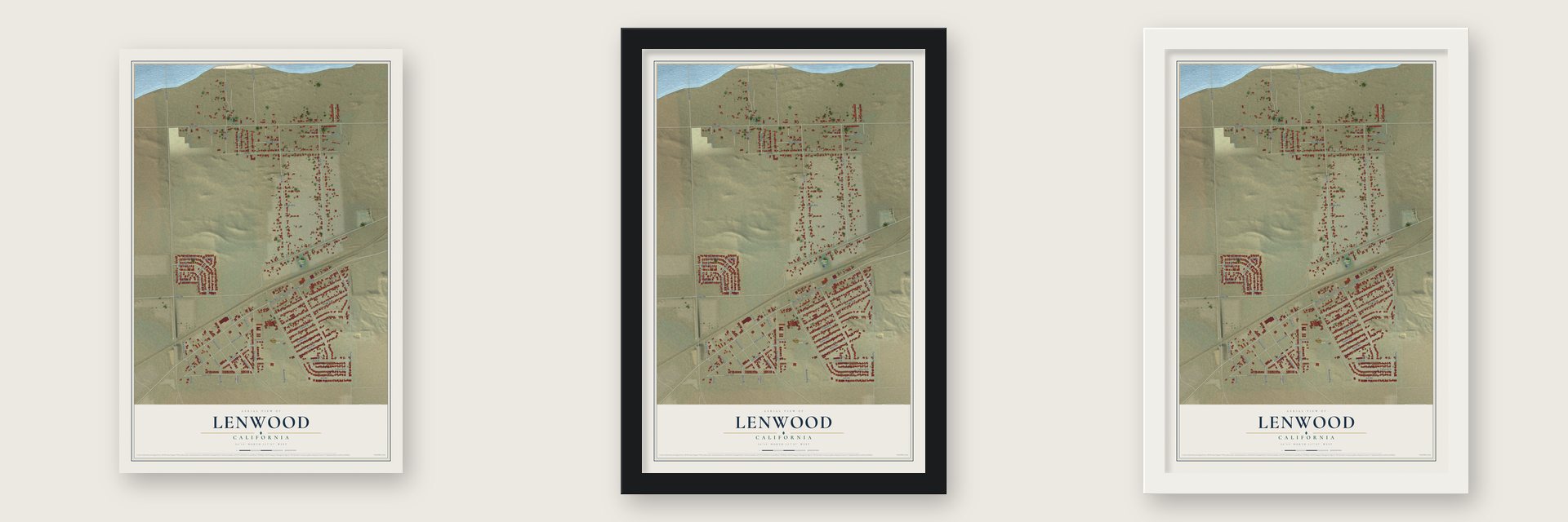 Lenwood, California map unframed, in a black wood frame and in a white wood frame