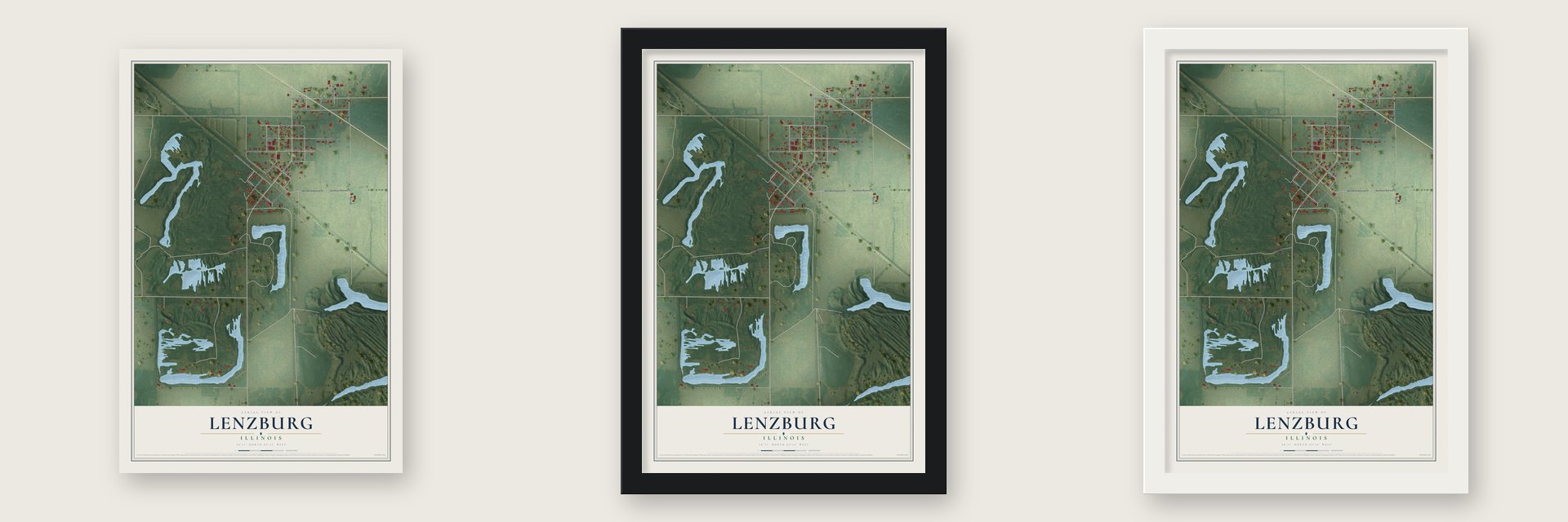 Lenzburg, Illinois map unframed, in a black wood frame and in a white wood frame
