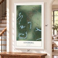 Lenzburg, Illinois map, 24 x 36 inch print in a white frame by a staircase