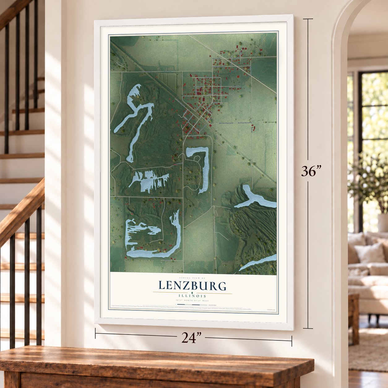 Lenzburg, Illinois map, 24 x 36 inch print in a white frame by a staircase