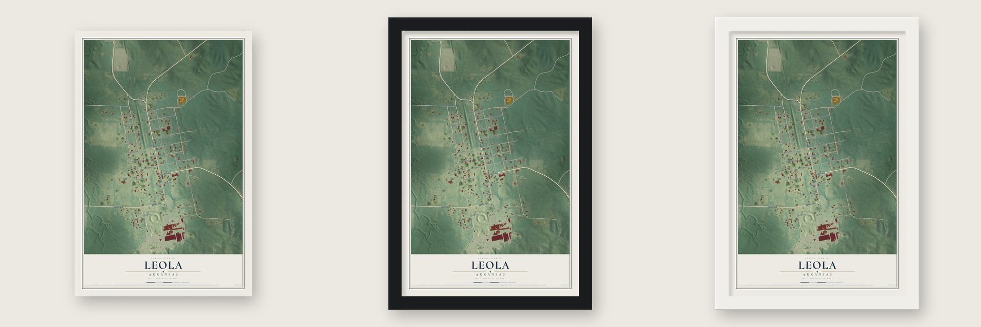 Leola, Arkansas map unframed, in a black wood frame and in a white wood frame