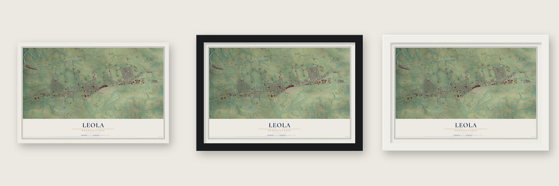 Leola, Pennsylvania map unframed, in a black wood frame and in a white wood frame