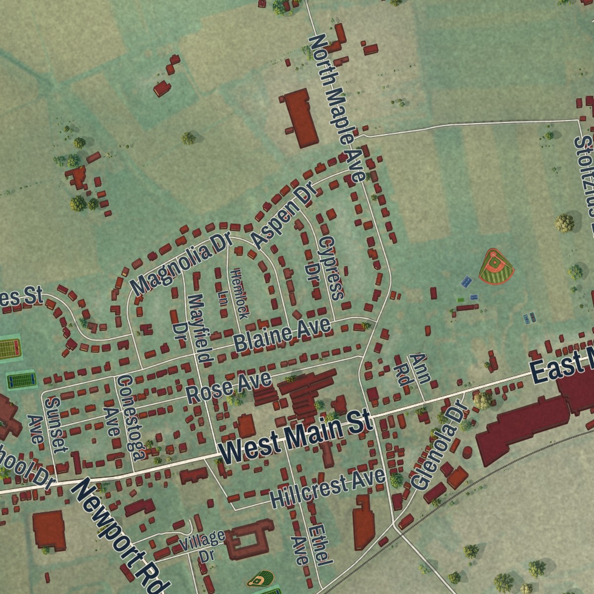 Second close-up of the map of Leola, Pennsylvania print showing more streets and buildings
