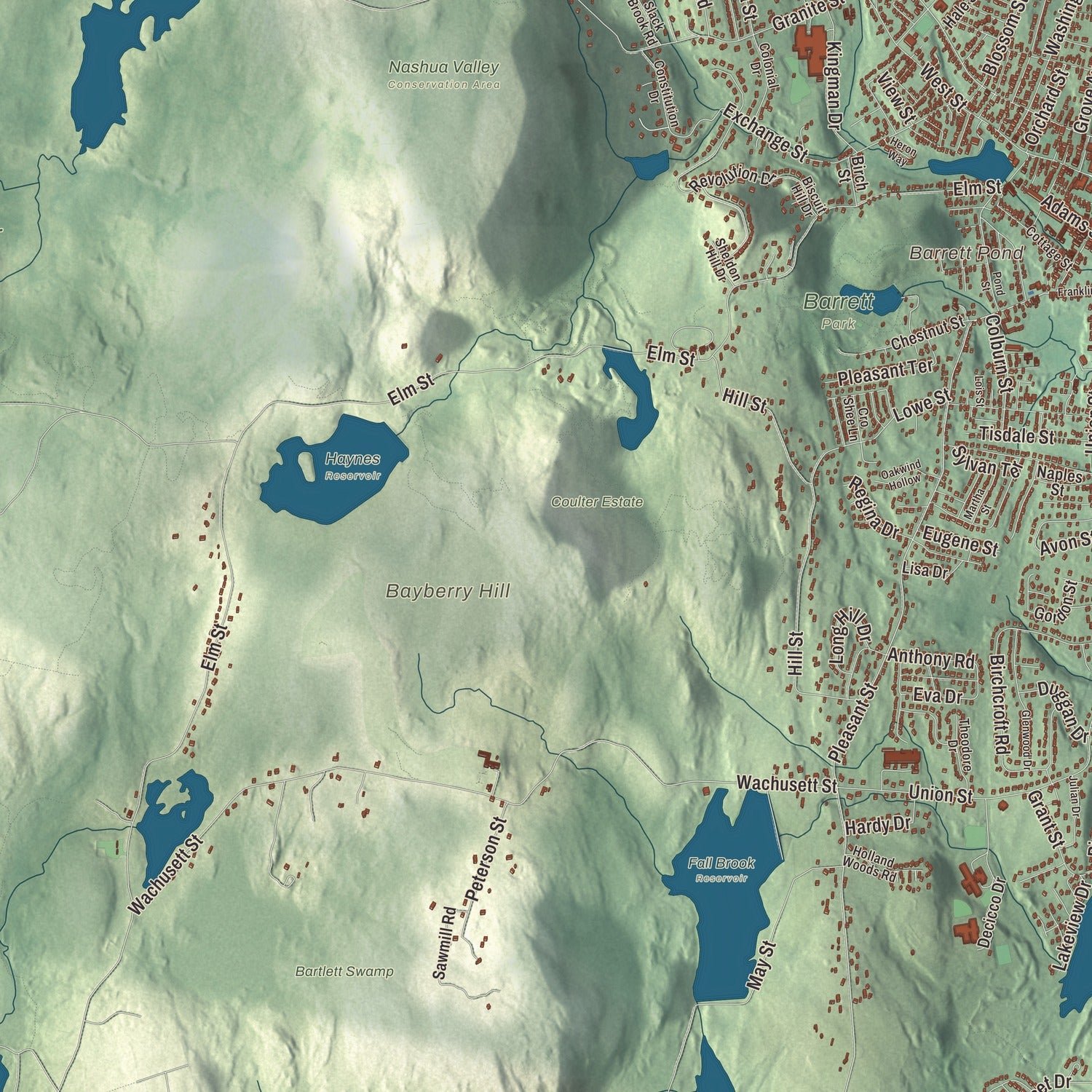 Close-up of the map of Leominster, Massachusetts print showing terrain and local geography