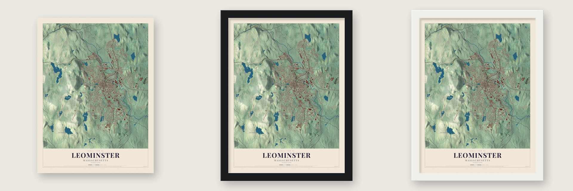 Leominster, Massachusetts map unframed, in a black wood frame and in a white wood frame
