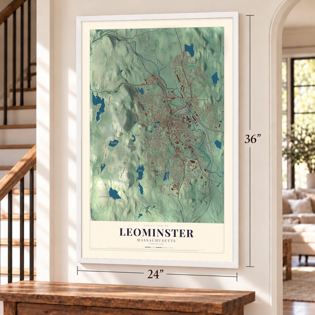 Leominster, Massachusetts map, 24 x 36 inch print in a white frame by a staircase