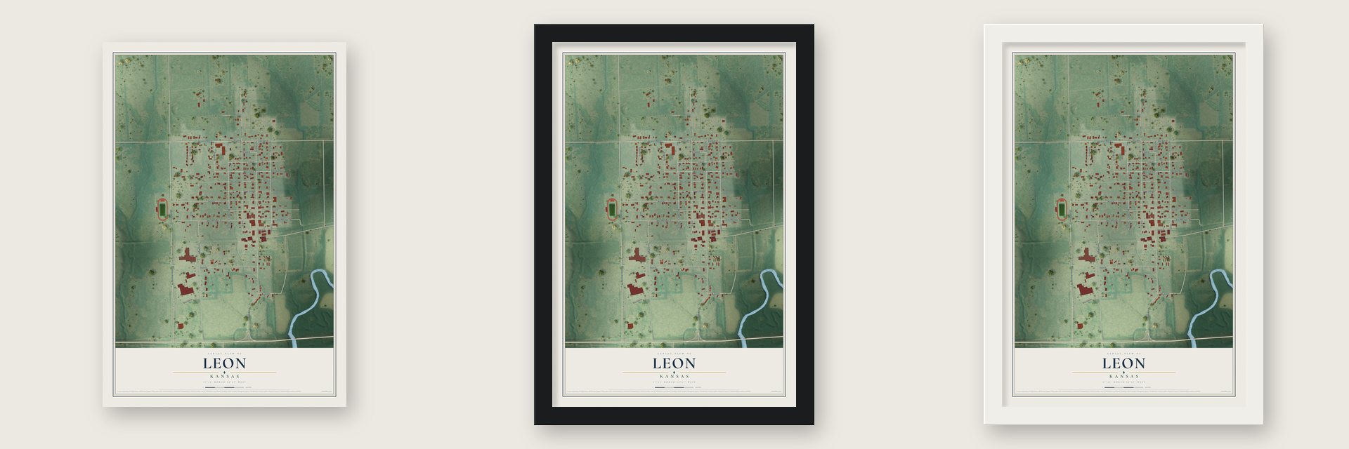 Leon, Kansas map unframed, in a black wood frame and in a white wood frame