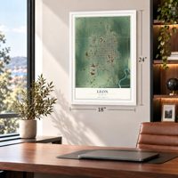 Leon, Kansas map, 18 x 24 inch print in a white frame in a home office