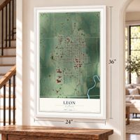 Leon, Kansas map, 24 x 36 inch print in a white frame by a staircase