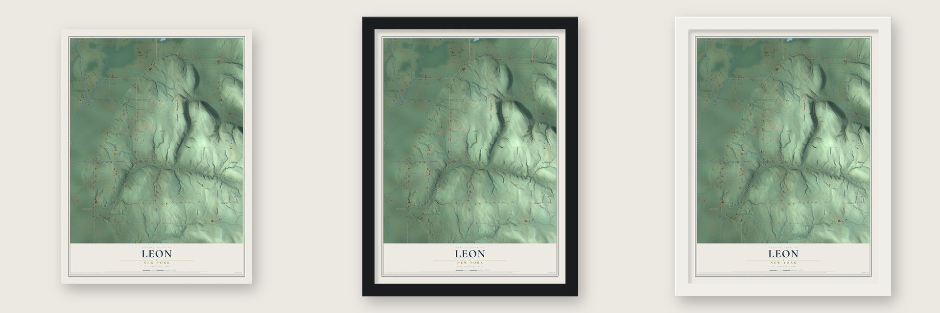 Leon, New York map unframed, in a black wood frame and in a white wood frame