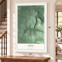 Leon, New York map, 24 x 36 inch print in a white frame by a staircase
