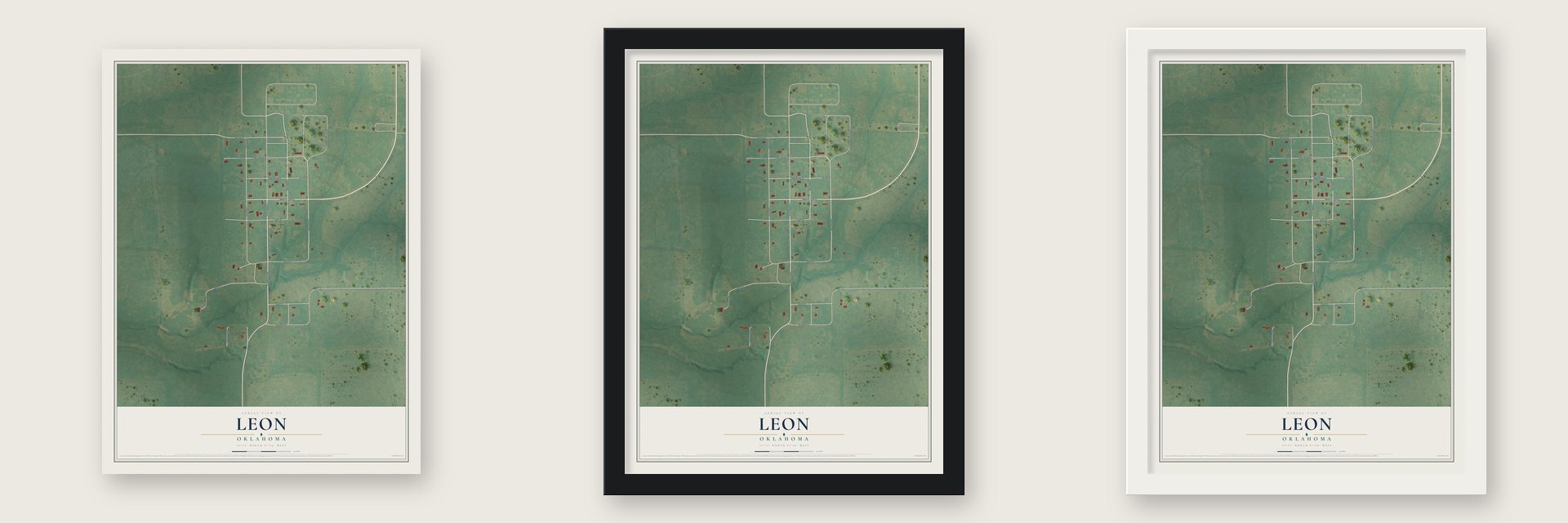 Leon, Oklahoma map unframed, in a black wood frame and in a white wood frame