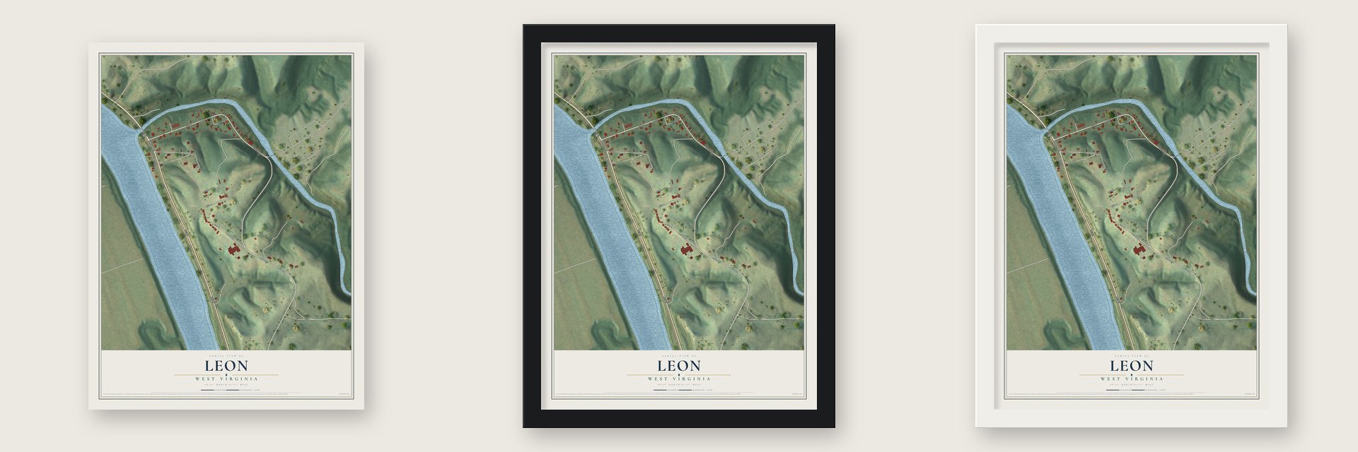 Leon, West Virginia map unframed, in a black wood frame and in a white wood frame
