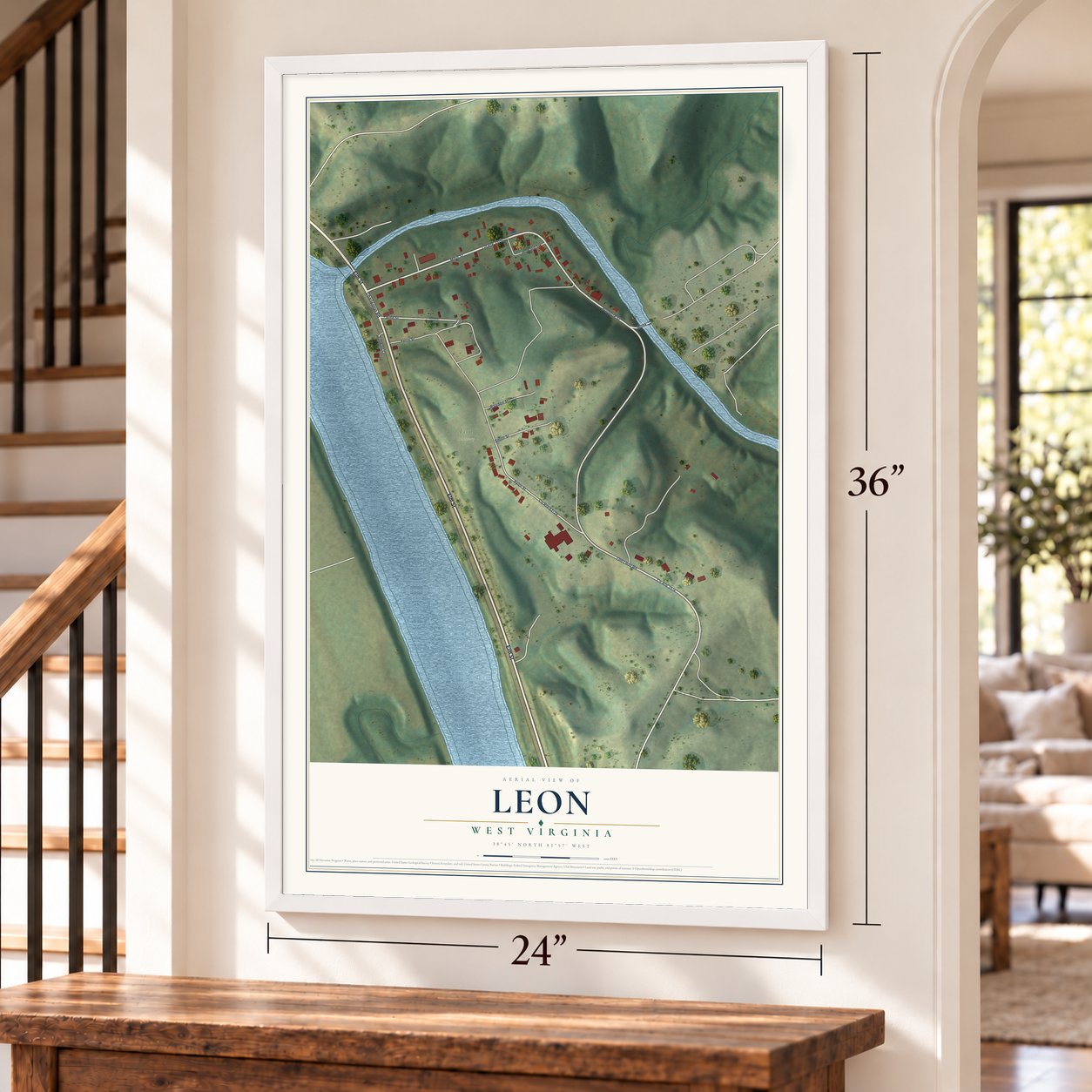 Leon, West Virginia map, 24 x 36 inch print in a white frame by a staircase