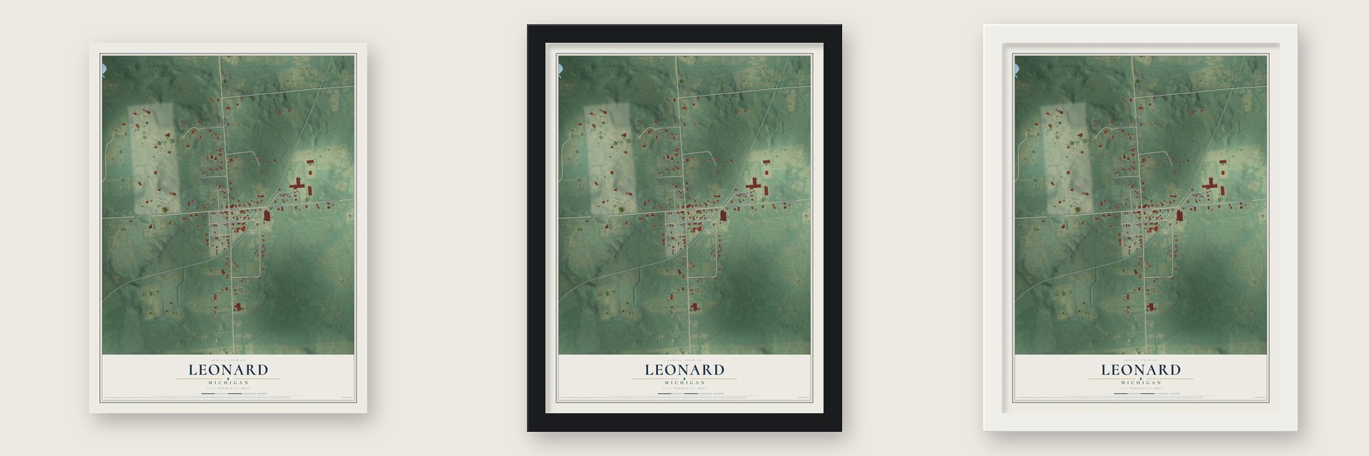 Leonard, Michigan map unframed, in a black wood frame and in a white wood frame
