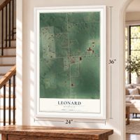 Leonard, Michigan map, 24 x 36 inch print in a white frame by a staircase
