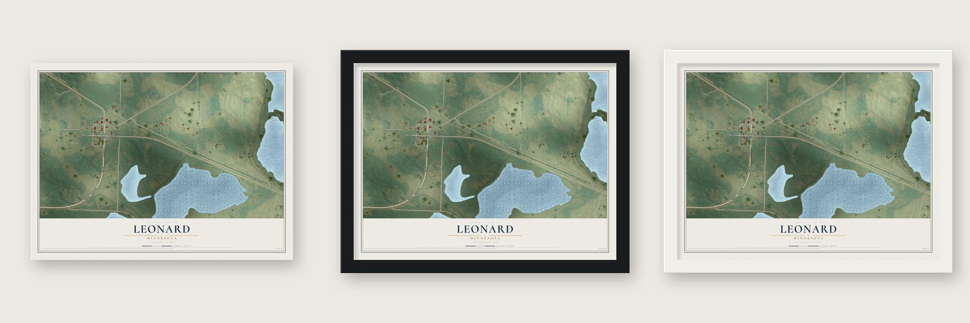 Leonard, Minnesota map unframed, in a black wood frame and in a white wood frame