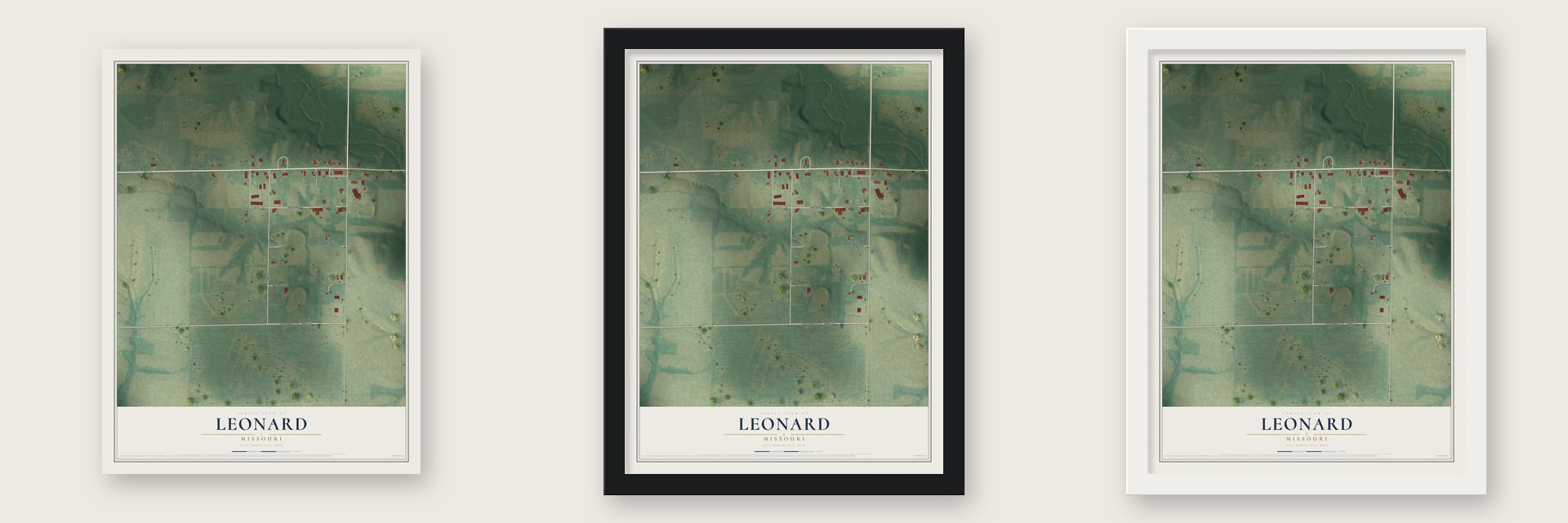 Leonard, Missouri map unframed, in a black wood frame and in a white wood frame