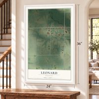 Leonard, Missouri map, 24 x 36 inch print in a white frame by a staircase