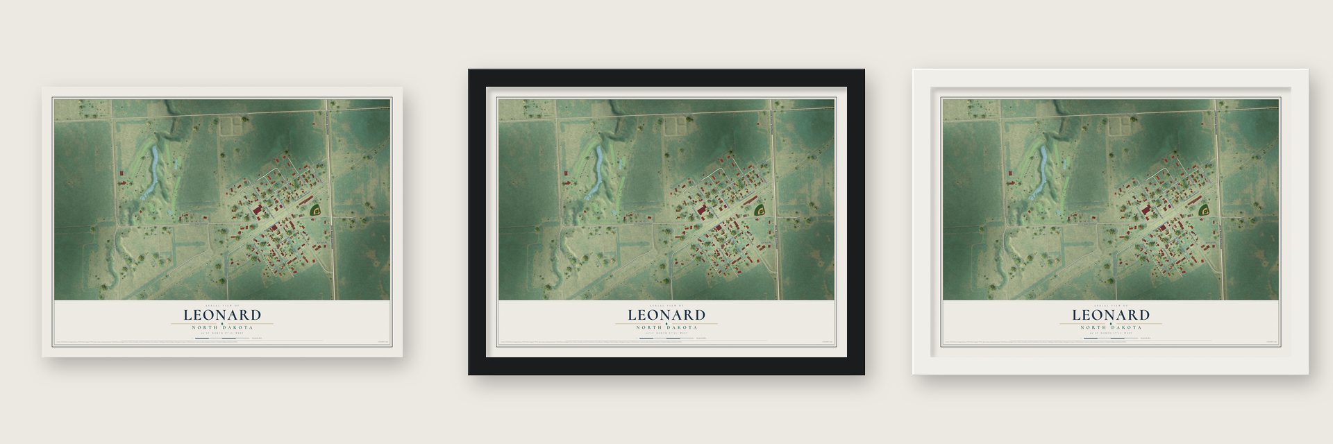 Leonard, North Dakota map unframed, in a black wood frame and in a white wood frame