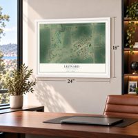 Leonard, North Dakota map, 18 x 24 inch print in a white frame in a home office