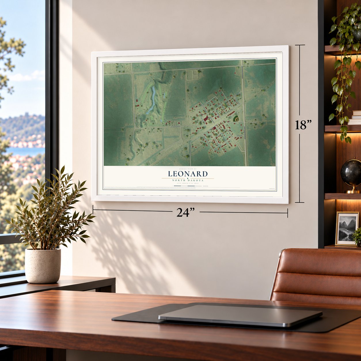 Leonard, North Dakota map, 18 x 24 inch print in a white frame in a home office