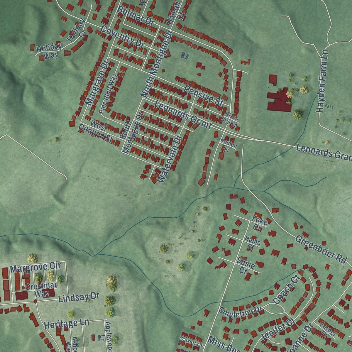Second close-up of the map of Leonardtown, Maryland print showing more streets and buildings