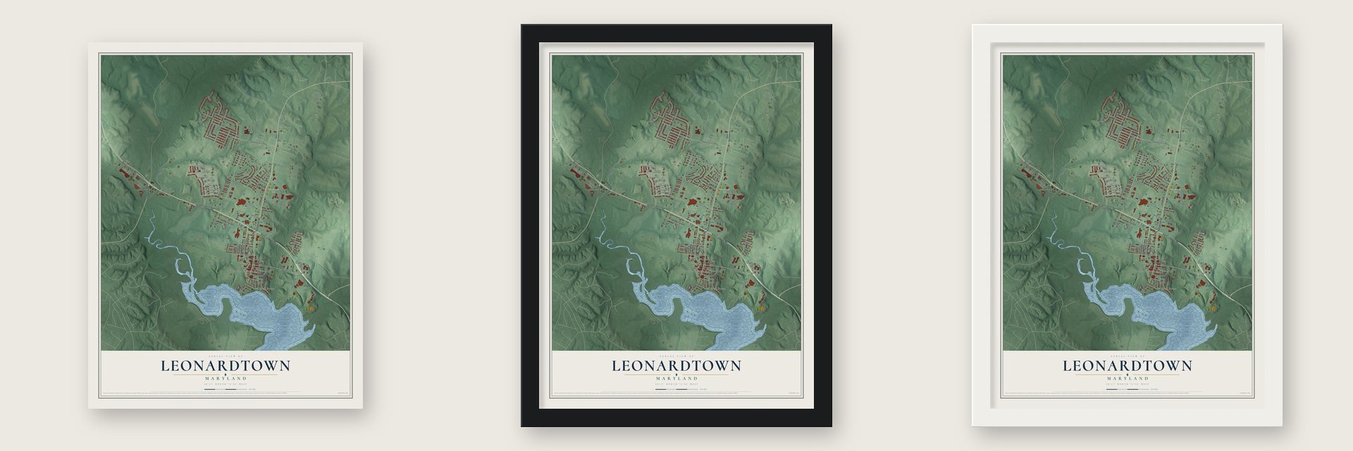 Leonardtown, Maryland map unframed, in a black wood frame and in a white wood frame