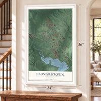 Leonardtown, Maryland map, 24 x 36 inch print in a white frame by a staircase