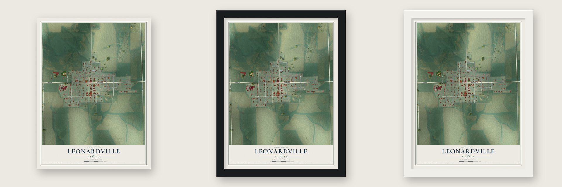 Leonardville, Kansas map unframed, in a black wood frame and in a white wood frame