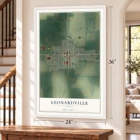 Leonardville, Kansas map, 24 x 36 inch print in a white frame by a staircase
