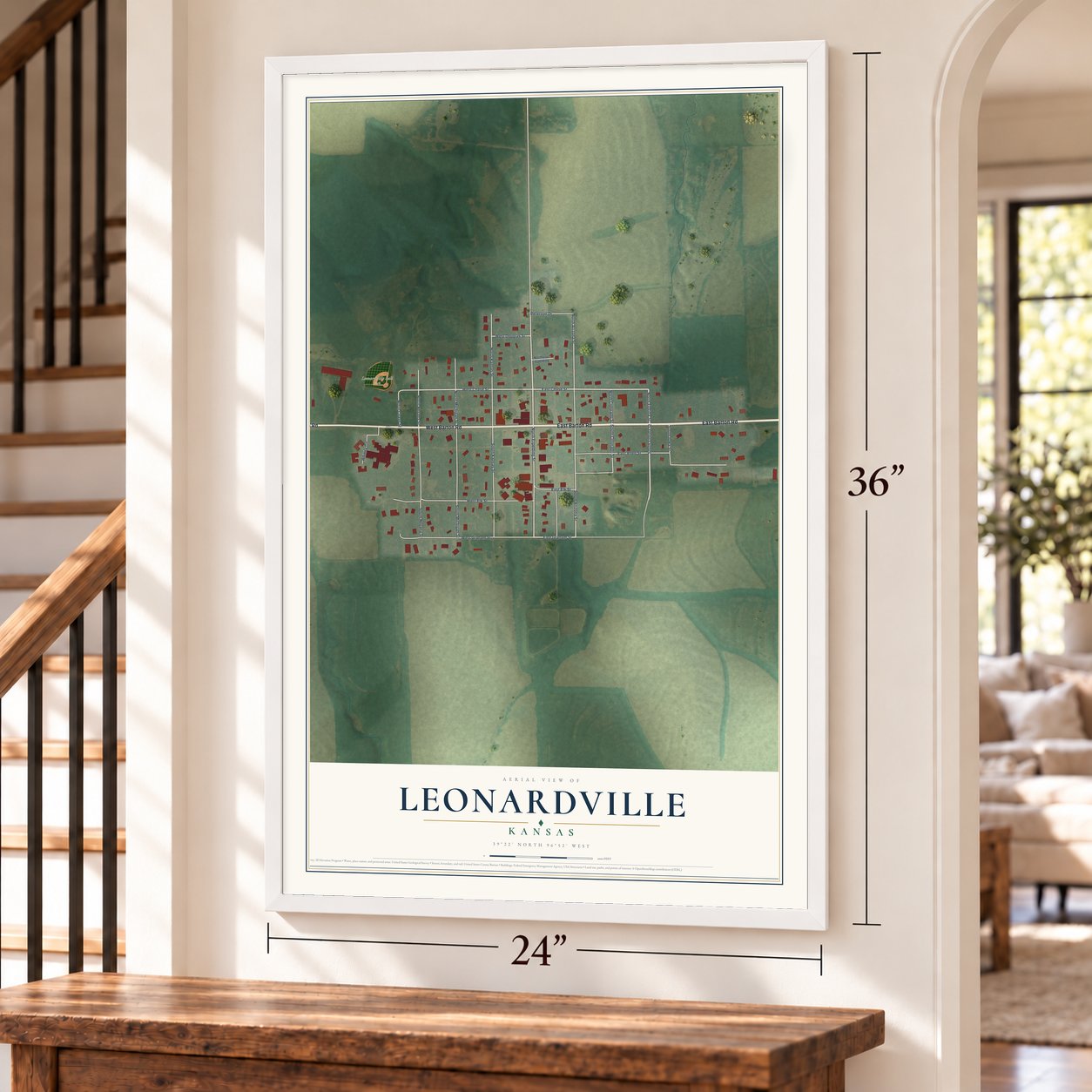 Leonardville, Kansas map, 24 x 36 inch print in a white frame by a staircase