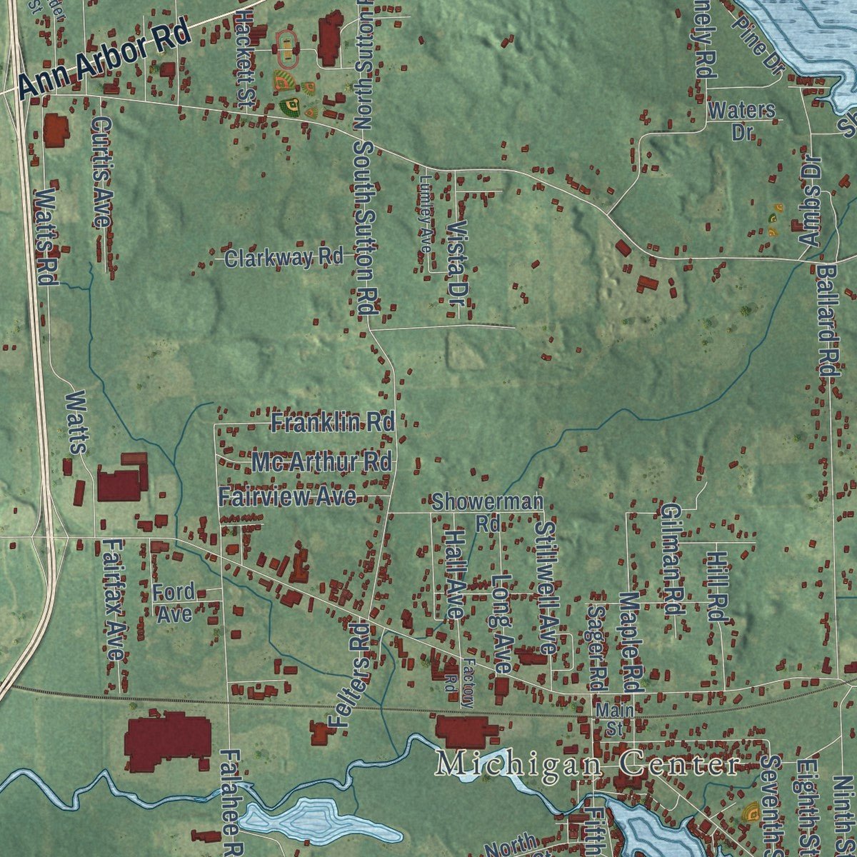 Second close-up of the map of Leoni, Michigan print showing more streets and buildings