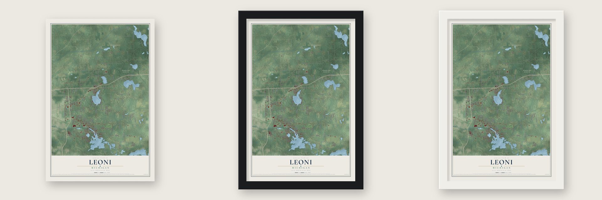 Leoni, Michigan map unframed, in a black wood frame and in a white wood frame