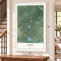 Leoni, Michigan map, 24 x 36 inch print in a white frame by a staircase