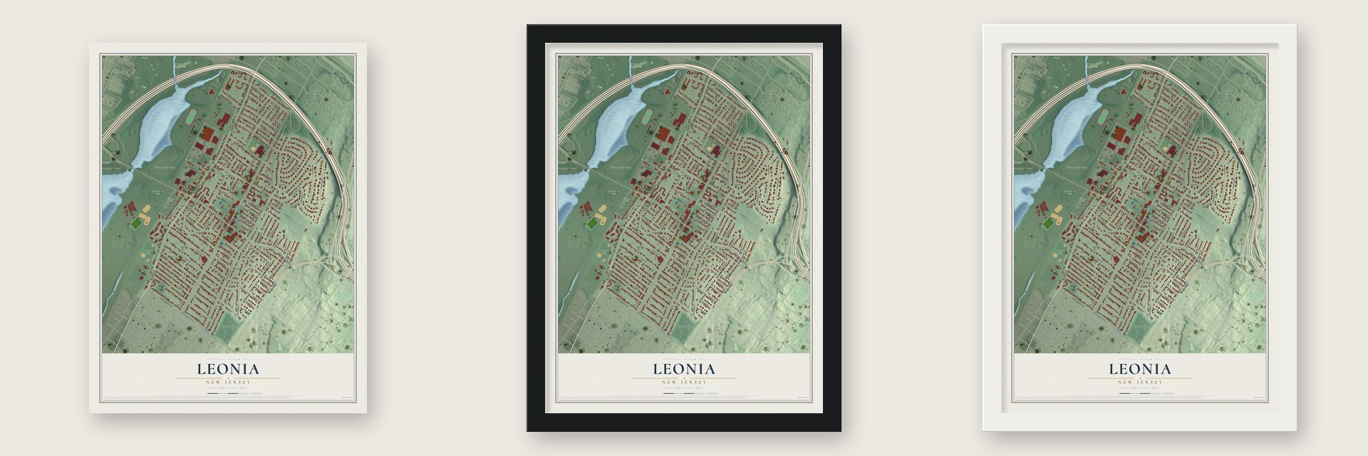 Leonia, New Jersey map unframed, in a black wood frame and in a white wood frame