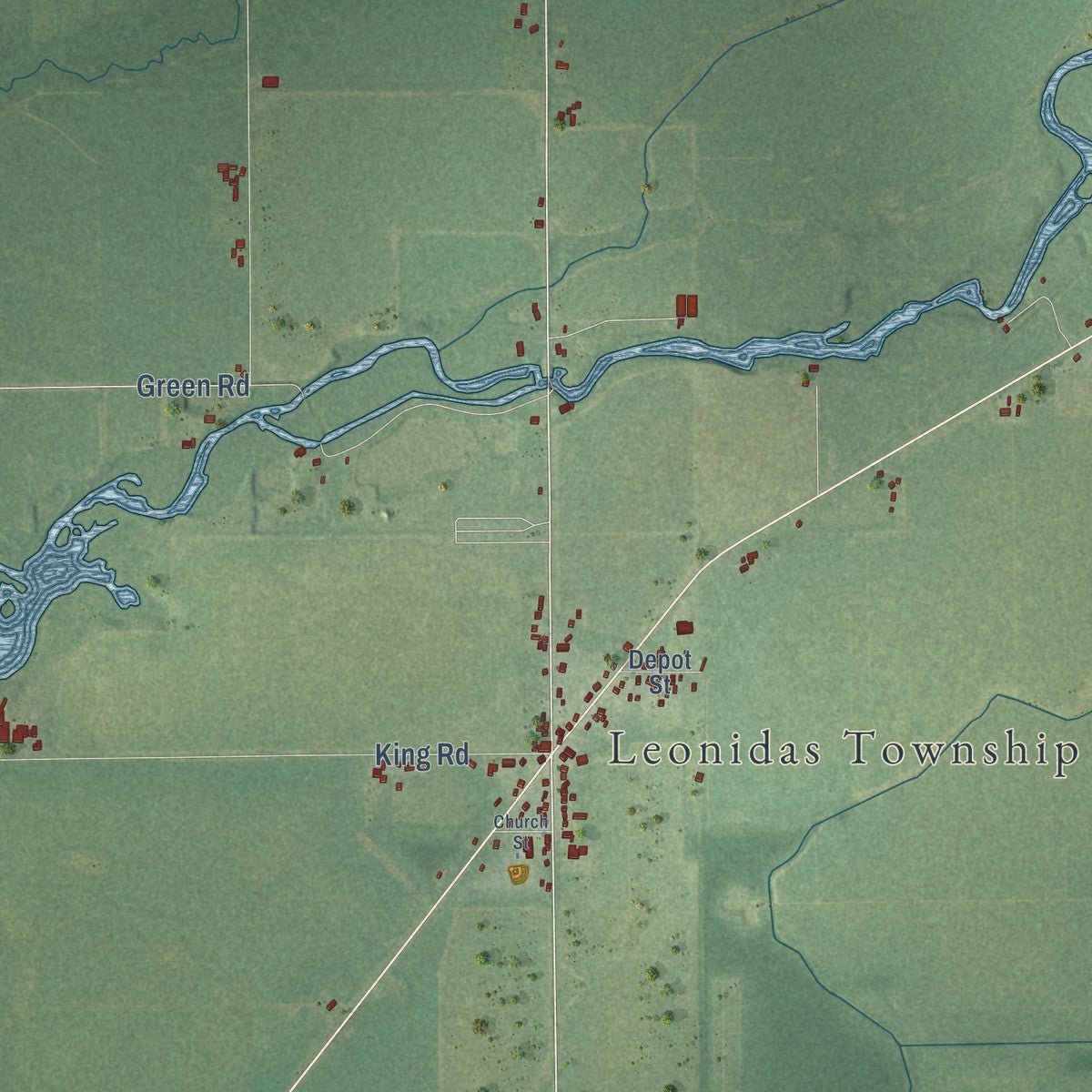 Second close-up of the map of Leonidas, Michigan print showing more streets and buildings