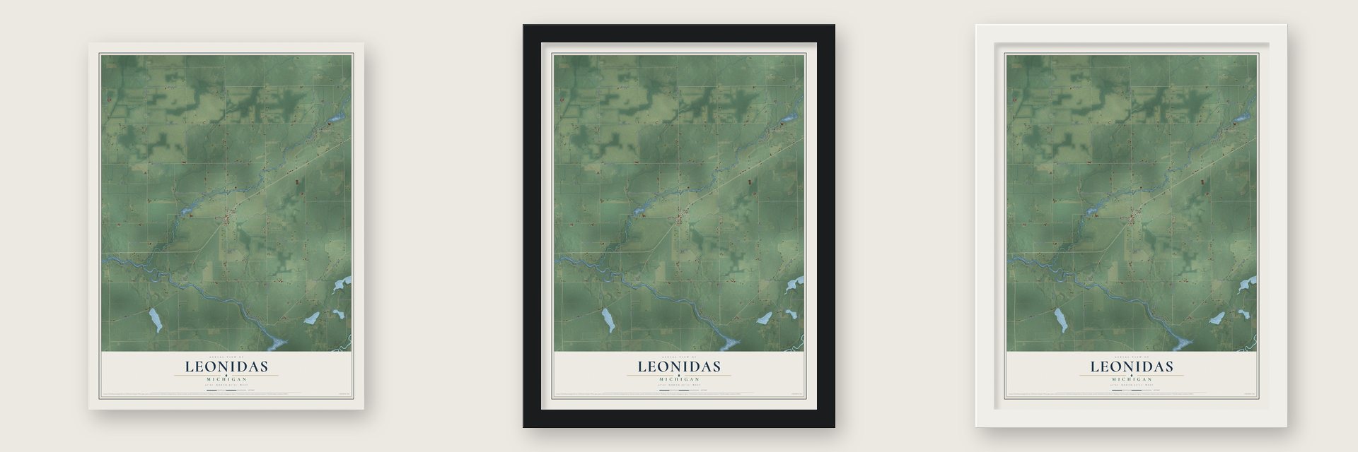 Leonidas, Michigan map unframed, in a black wood frame and in a white wood frame
