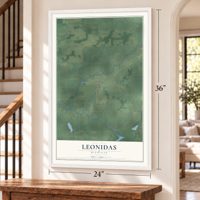 Leonidas, Michigan map, 24 x 36 inch print in a white frame by a staircase