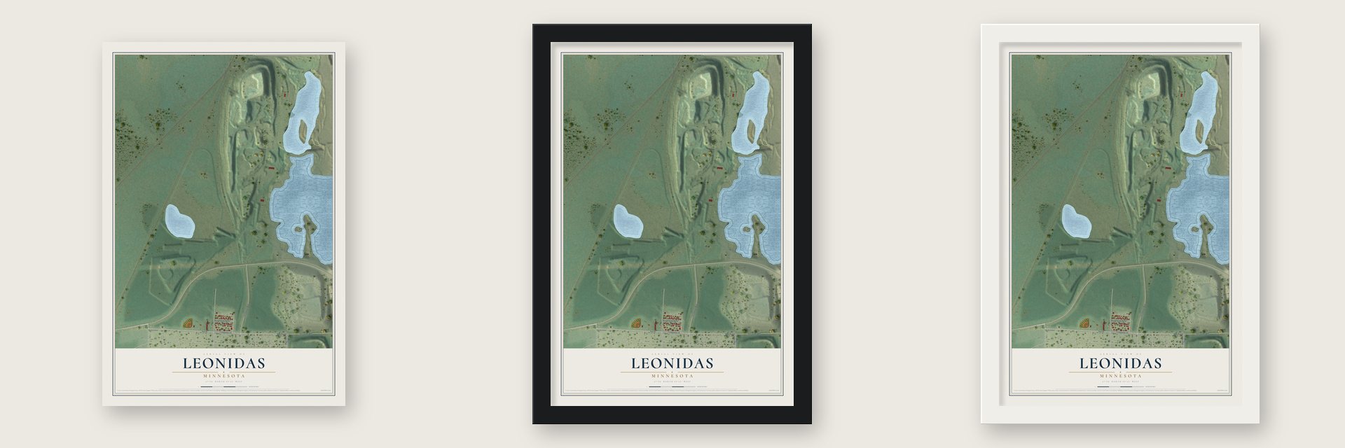 Leonidas, Minnesota map unframed, in a black wood frame and in a white wood frame