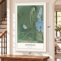 Leonidas, Minnesota map, 24 x 36 inch print in a white frame by a staircase