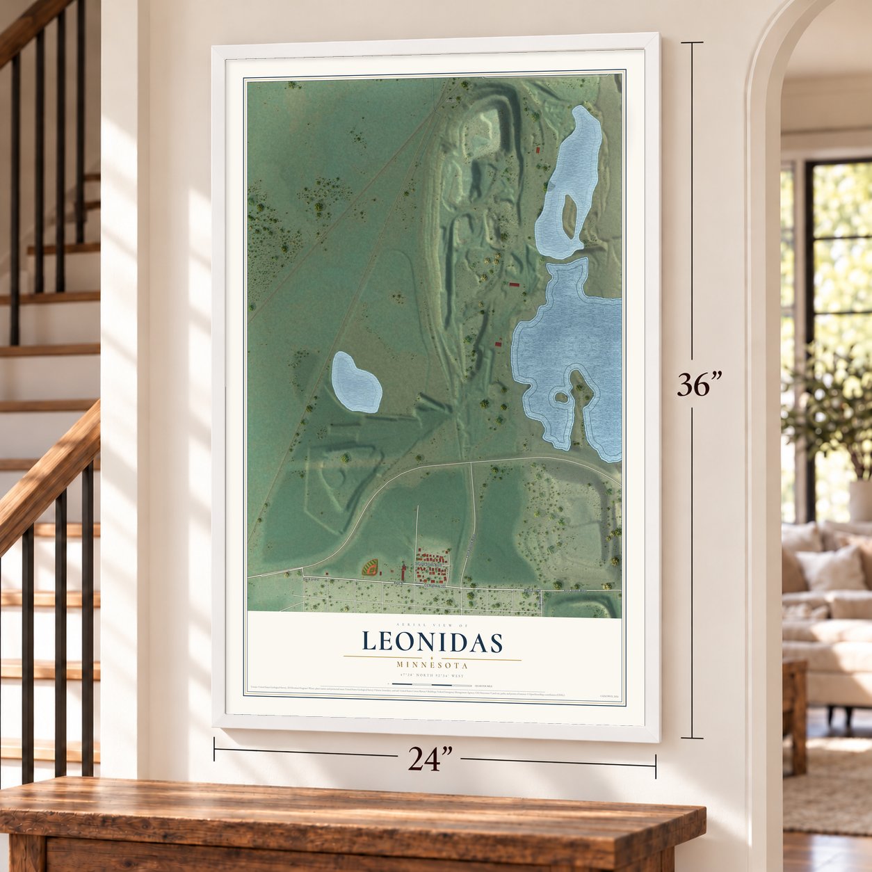 Leonidas, Minnesota map, 24 x 36 inch print in a white frame by a staircase