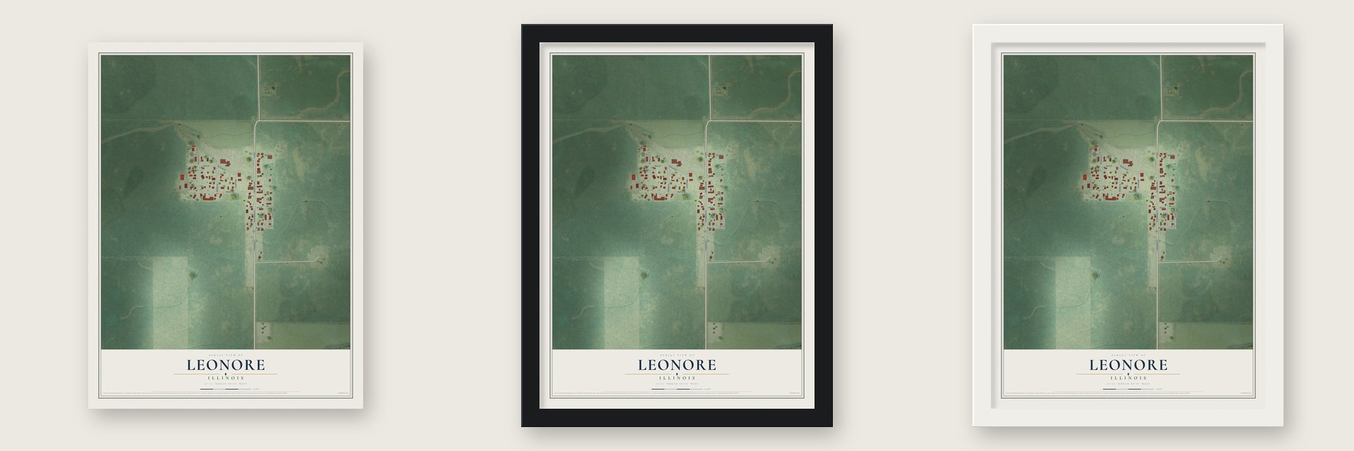 Leonore, Illinois map unframed, in a black wood frame and in a white wood frame