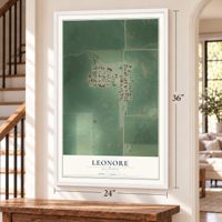Leonore, Illinois map, 24 x 36 inch print in a white frame by a staircase