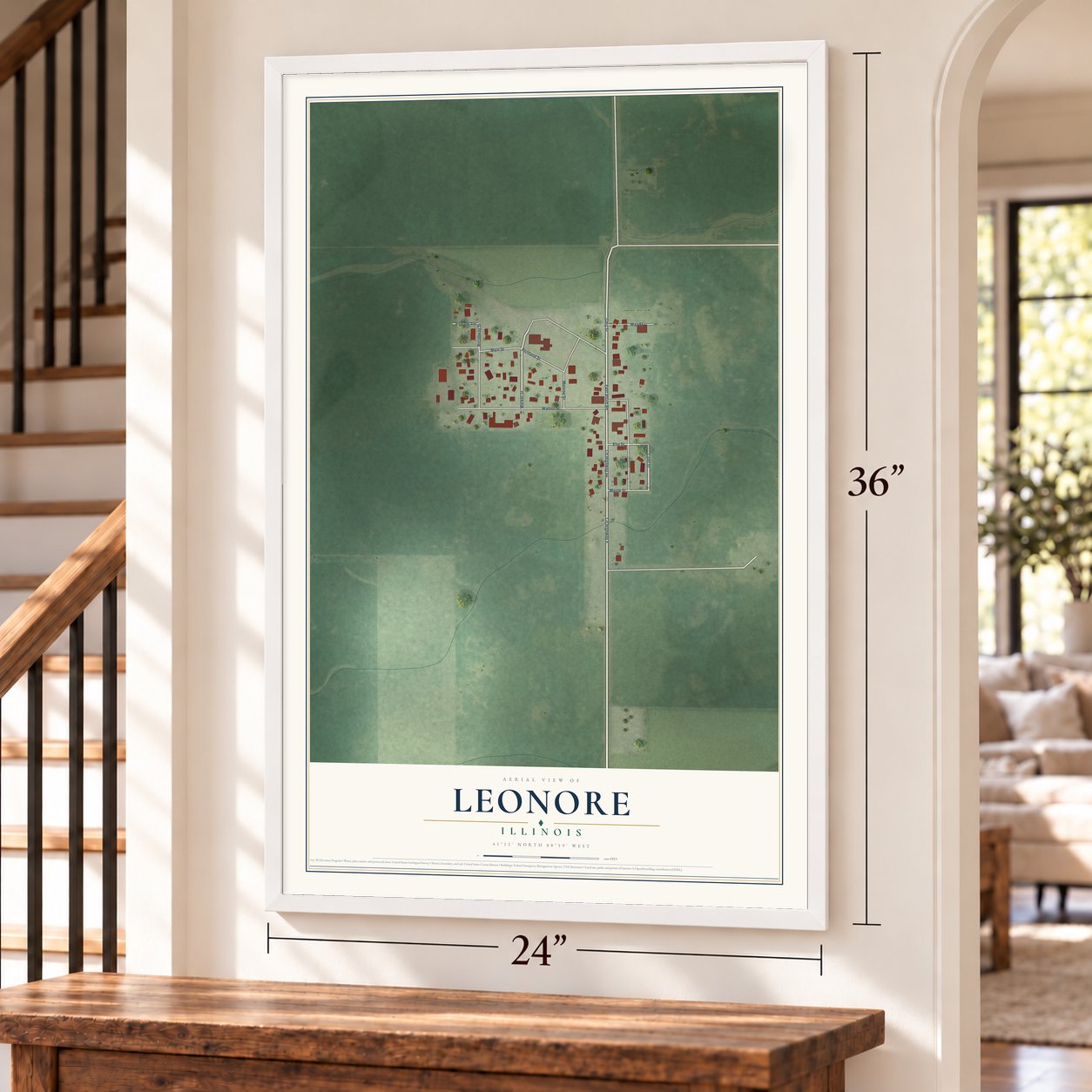 Leonore, Illinois map, 24 x 36 inch print in a white frame by a staircase